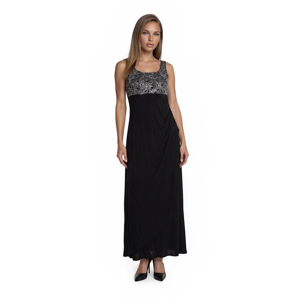 Alex Evenings Maxi Evening Dress Womens Size 22W Black Silver Floral Lace Ruched